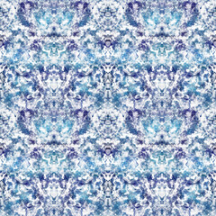 Bohemian blue and white symmetric seamless pattern. Repeated abstract texture for fabric, wallpaper, cloth print, interior decoration.