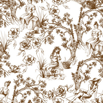 Seamless pattern in toile de jouy style in brown color. Different hand-drawn compositions with women. Texture for ceramic tile, wallpapers, wrapping gifts, web page backgrounds. Vector illustration