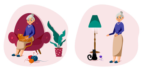 Grandmother at home. Grandma stay home set. Granny with cats. Stay home be safe.