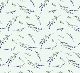 Watercolor seamless lavender pattern on green  background. Rustic wallpapper