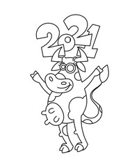 Happy cartoon smiling cow in jump with greetings