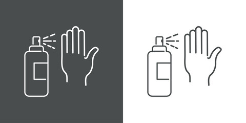 Icono plano lineal spray desinfectante de manos en fondo gris y fondo blanco © teracreonte