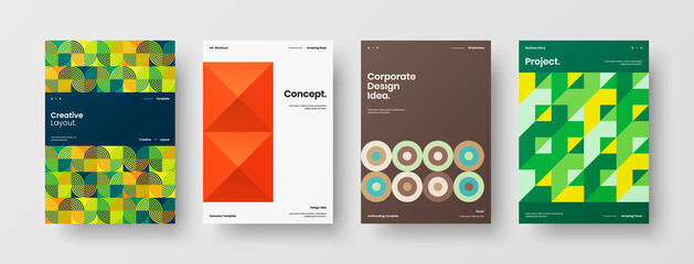 Fototapeta premium Company identity brochure template collection. Business presentation vector A4 vertical orientation front page mock up set. Corporate report cover abstract geometric illustration design layout bundle.
