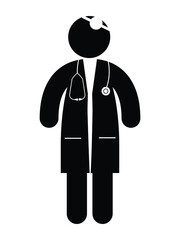 Doctor with Stethoscope Stick Figure Icon. Black and white illustration pictogram icon. EPS Vector