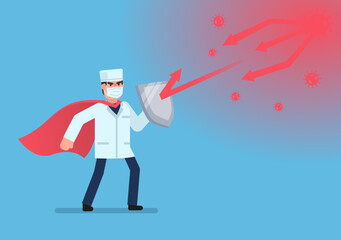 Doctor or scientist holding shield and covering from virus. Battle with pandemia. Minimal design vector illustration
