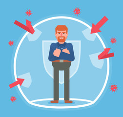 Man standing in a bubble protected from viruses. Virus immunity, protection, vaccine. Minimal design vector illustration