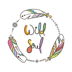 Hipster native wreath with ethnic feathers, boho circle frame with place for your text