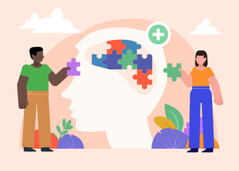 Mental health support or improvement concept. Man and woman combine puzzle. Minimal design vector illustration