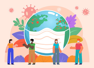 Obraz na płótnie Canvas Social distancing due to global pandemic poster. Small people stand near big earth globe in mask. Minimal design vector illustration