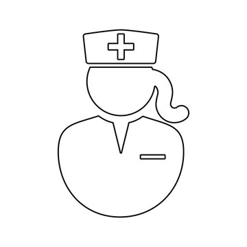 Female Nurse Doctor Outline Icon with Hat Head Wear. Illustration Pictogram Icon depicting a female nurse. Black and white EPS Vector. 