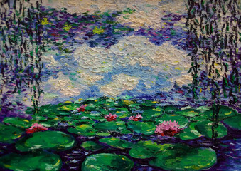Art painting oil color Lotus flower ,Water Lilies , Claude Monet - obrazy, fototapety, plakaty