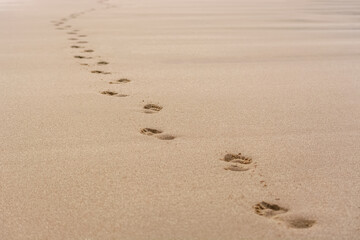 View of footprints on the beach sand, track marks along the beach