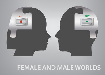 Female and male worlds concept vector showing silhouette of head od man and woman  with buttons Play and Record in their brain.
