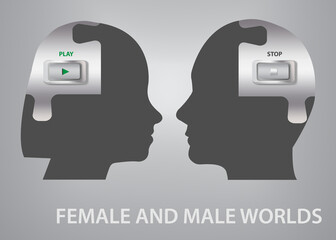 Female and male worlds concept vector showing silhouette of head od man and woman  with buttons Play and Stop in their brain.