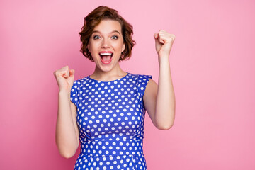 Close-up portrait of her she nice-looking attractive lovely pretty cheerful cheery glad wavy-haired girl having fun celebrating attainment isolated on pink pastel color background