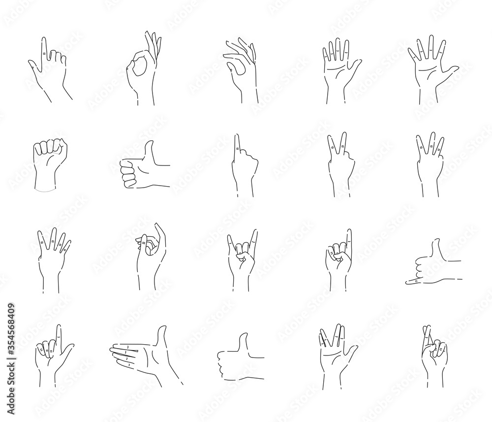 Poster different hands gestures of human line black icons set. pictograms for web page, mobile app, promo. 