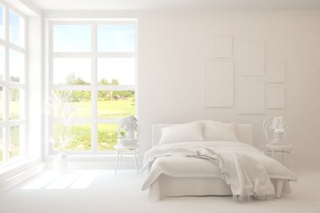 Modern bedroom in white color. Scandinavian interior design. 3D illustration