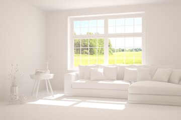 Obraz na płótnie Canvas White minimalist living room with sofa. Scandinavian interior design. 3D illustration