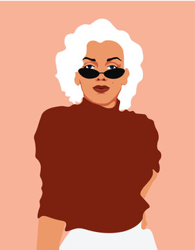 Woman with white hair and sunglasses in Minimal Style. Abstract Contemporary collage in a modern trendy style. Vector Portrait of a female. For Beauty Concept, t-Shirt, card, poster, social media post