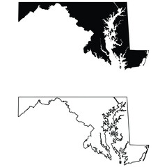 Maryland MD state Map USA with Capital City Star at Annapolis. Black silhouette and outline isolated on a white background. EPS Vector