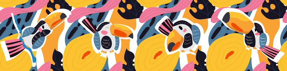 Vector seamless abstract tropical pattern with cute animal character toucans and leaves in pink, blue, yellow colors. Summer background for fabric, wallpaper, textile, wrapping paper ets. © Iuliia