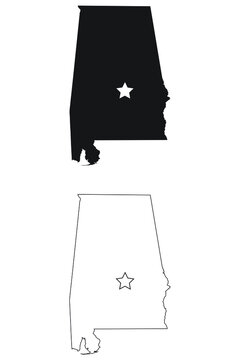Montgomery Alabama AL state Map USA with Capital Star. Black silhouette and outline isolated maps on a white background. EPS Vector