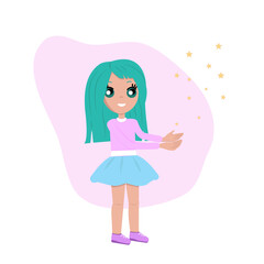 Cute little girl with big eyes and green hair in a pink jacket and blue lush skirt catches the stars in the palm. Cartoon girl.Vector illustration in flat style.Girl print. Cartoon cute little girl.