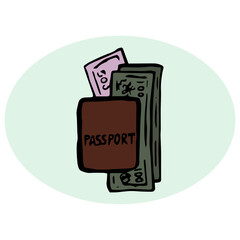 Passport with banknotes. Identity documents for travel, and money. Vector illustration of doodle style, isolated object on a white background.