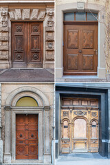 four wooden doors with beautiful decorative wooden trim in the historical part of various European cities