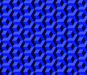 Abstract cube pattern, fully seamless. 3d dark blue vector geometric wallpaper, cube pattern background. Optical illusion.