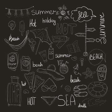 Set of hand drawn travel icons and lettering in doodle style. Vector stock illustration. Tourism and summer sketch with various travelling and relaxation elements: bikini, camera, cocktail, ticket ets