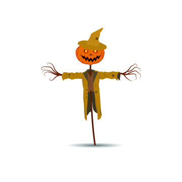 Halloween vector illustration. A stuffed pumpkin in a cloak on a stick on a white background with branches instead of hands.