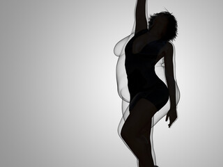 Conceptual fat overweight obese female vs slim fit healthy body after weight loss or diet with muscles thin young woman on gray. A fitness, nutrition or fatness obesity, health shape 3D illustration