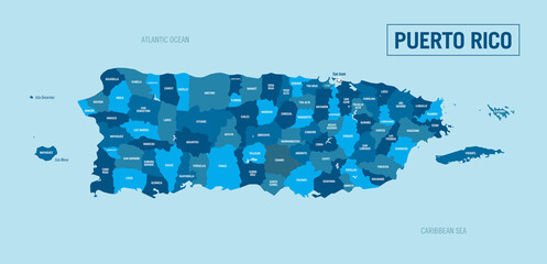 Puerto Rico country, Island political map. Detailed illustration with isolated regions, departments and cities easy to ungroup.