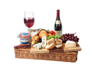 Rustic still life with cheese, bread, grapes, tomatoes, pate and wine. Isolated on white
