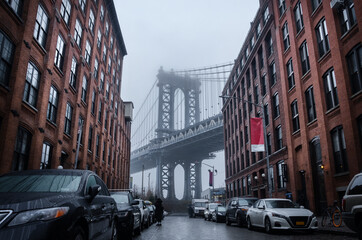 Manhattan bridge New York City. USA. New York in a foggy day.