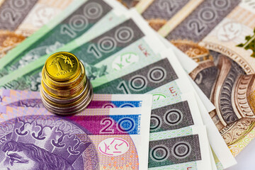 Several examples of Polish bank notes  and coins