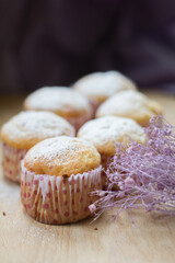 Sweet homemade baked muffins with cottage cheese in forms with sugar powder on plate
