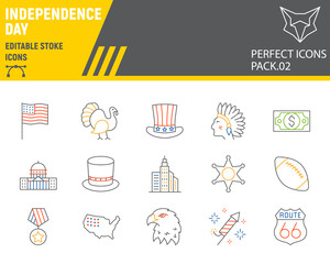 Independence day color line icon set, usa symbols collection, vector sketches, logo illustrations, america pride icons, holiday signs linear pictograms, editable stroke.