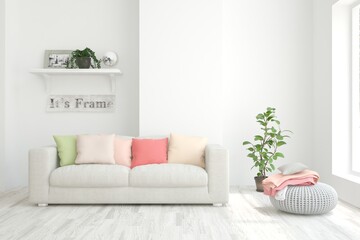 White living room with sofa and colorful pillows. Scandinavian interior design. 3D illustration