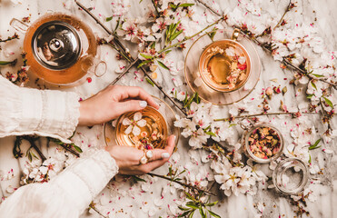 Flat-lay of female hands holding cup of hot black tea, teapot, dry rose flowers in jar and spring...
