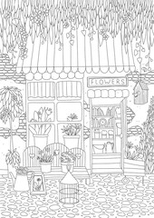 Magical flower shop with books, watering can, pots, birdhouse and trees. Coloring page. Hand drawn illustration.