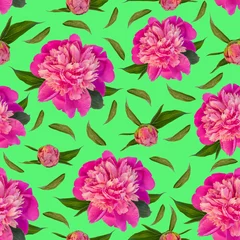 Wandcirkels tuinposter Pink peony flowers seamless pattern on green background. Beautiful blooming head for textile, website floral design. Rose colored Paeonia lactiflora plants with green leaves. Colorful peonies petals. © KawaiiS