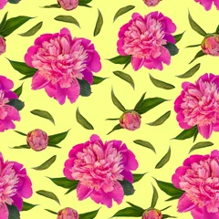 Foto op Canvas Pink peony flowers seamless pattern on yellow background. Beautiful blooming head for textile, website floral design. Rose colored Paeonia lactiflora plants with green leaves. Colorful peonies petals. © KawaiiS