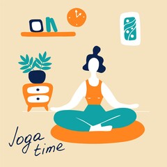 Woman meditating at home. Woman in yoga pose, lotus position. Fitness at home, home workout. Vector flat illustration