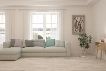 White living room with sofa. Scandinavian interior design. 3D illustration