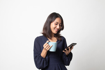 Fototapeta premium Young Asian woman with mobile phone and coffee cup.