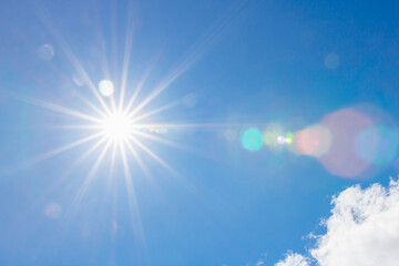 Fototapeta na wymiar sun on blue sky with sunbeams and flare light in the day