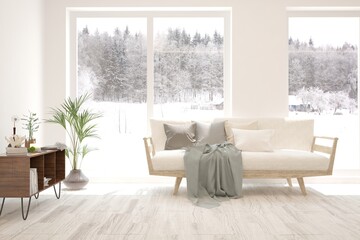 White living room with sofa and winter landscape in window. Scandinavian interior design. 3D illustration