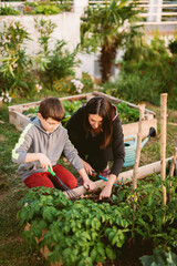 Mother and son in vegetable garden